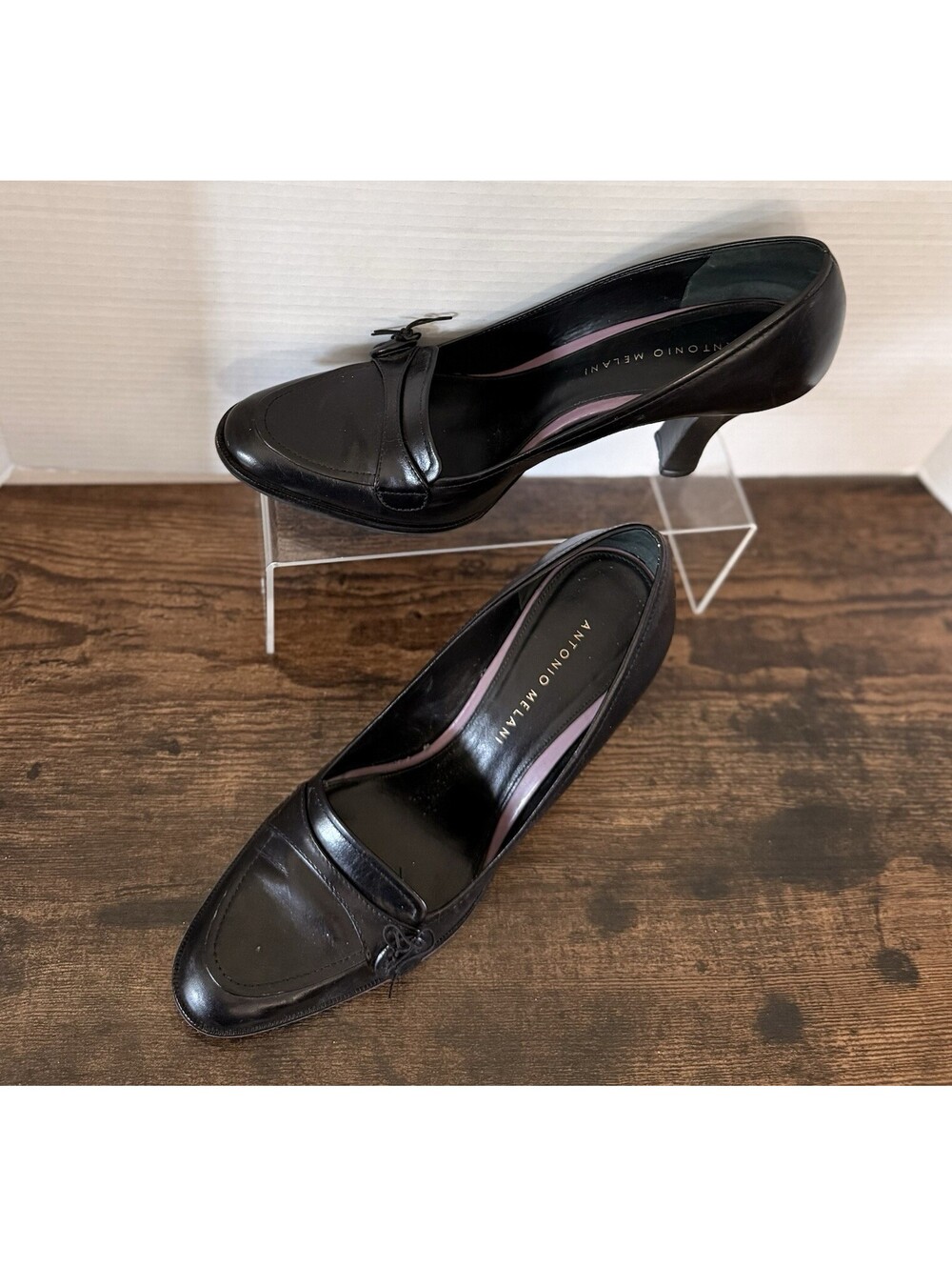 Antonio Melani Black Leather Almond Toe Slip On Pump Heels Button Accent Size 8